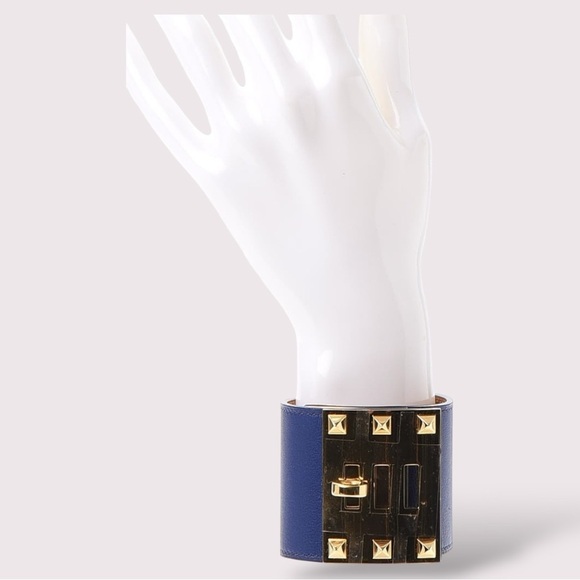 HERMES Kelly Extreme Dog Calfskin Blue R Stamp Gold Plated Wide Cuff Bracelet - Picture 6 of 15